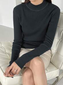 DAZY Solid Stand Collar Rib Knit Jumper - Dark Grey - View 3