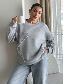 EURMUSE 100% Cotton PEARL DETAILED GREY SWEATSHIRT - Grey - View 5