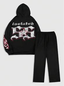 ROMWE MEN Street Life Letter Print Long Sleeve Hoodie Sweatshirt + Loose Drawstring Straight Leg Pants Set - Black - View 2