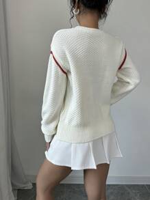 Chiquease 女士宽松圆领落肩蝴蝶结图案针织毛衣，秋冬季 - 杏色 - 查看 5