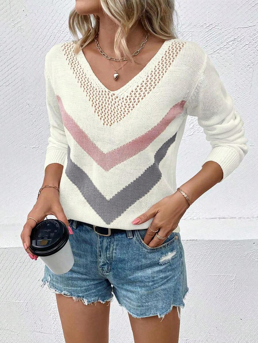 EMERY ROSE Chevron Pattern Pointelle Knit Sweater - White - View 1