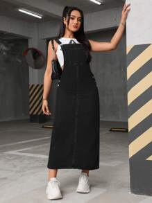 女式夏季休闲侧扣设计牛仔连体裤 - 黑色 - 查看 3