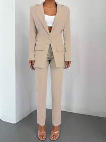EURMUSE Solid Blazer & Slant Pocket Belted Suit Pants - Beige - View 3