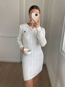 SHEIN Frenchy 女式秋冬骑士图案长袖修身休闲毛衣连衣裙 - 杏色 - 查看 4