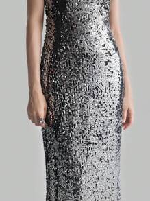 Ontre Silver Sequin V-Neck Slit Elegant Evening Party Dress - Silver - View 5
