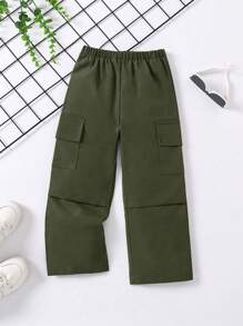 SHEIN 女童时尚工装休闲裤，学院风 - 軍綠色 - 查看 1