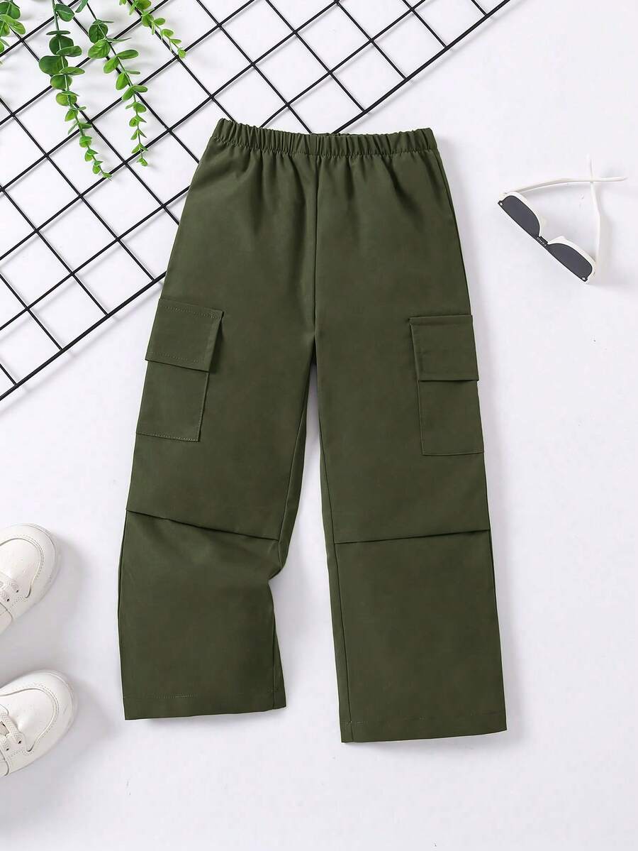 SHEIN 女童时尚工装休闲裤，学院风 - 軍綠色 - 查看 1