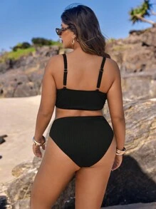 SHEIN Swim Curve 大码时尚特殊面料补充两件套比基尼泳装套装夏季 - 黑色 - 查看 2