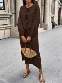 SHEIN LUNE Women's Casual Loose Comfy Linen Bowknot Tie Detail Puff Sleeve Shirt + Women's Casual Comfy Linen A-Line Mid-Length Skirt - Mocha Brown - View 5