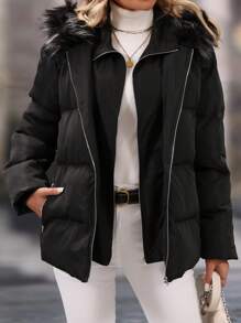 SHEIN Clasi معطف دافئ مقاوم للماء والرياح ذو تصميم كونتراست مع طرف من فرو مموج ، لارتداء اليومي والتنقل، ملابس الخريف والشتاء للنساء - الأسود - مشاهدة 1
