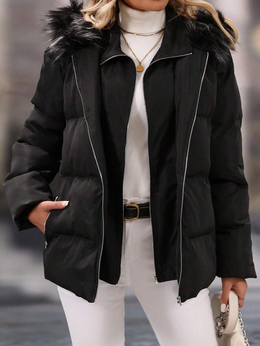 SHEIN Clasi معطف دافئ مقاوم للماء والرياح ذو تصميم كونتراست مع طرف من فرو مموج ، لارتداء اليومي والتنقل، ملابس الخريف والشتاء للنساء - الأسود - مشاهدة 1