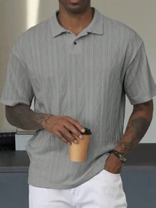 Manfinity Homme Men's Casual Vacation Style, Featuring An INS-Inspired Geometric Diamond-Textured Jacquard Knit Short-Sleeve Khaki Polo Shirt With A V-Neck Design. Perfect For Music Festivals, Hawaii Beach Getaways, And Everyday Outfits, Making It A Stylish Gift For Your Boyfriend Or Husband. It Embodies A French-Inspired Elegance And Romance. Men's Knitted Textured Jacquard Polo Shirt, Minimalist & Fashionable, Suitable For Summer , Polo Shirt For Men , Polos For Men