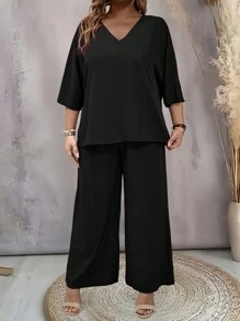 Joress Plus Size V-Neck Solid Color Casual Top And Versatile Wide-Leg Pants Two-Piece Set - Black - View 4