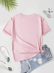 INAWLY 女式卡通人物字母印花休闲 T 恤，夏季图案 T 恤女式上衣 - 粉色 - 查看 2