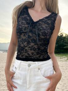 SHEIN EZwear Áo ba lỗ hở vai cổ chữ V ren đen đơn giản cho nữ - màu đen - Xem 4