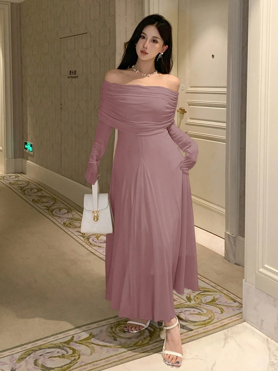 DAZY Abito elegante monospalla a tinta unita, adatto per autunno, feste di compleanno e balli, vestito da donna per l'autunno - Rosa - Visualizzare 1