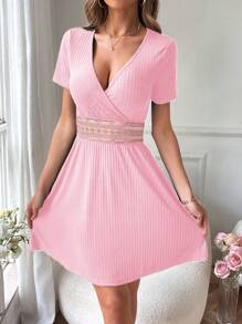 Breezaya 短款拼色V领短袖简约休闲迷你连衣裙 - 粉色 - 查看 5