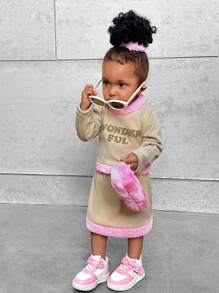 SHEIN Explorewe 女孩卡其色拼布毛绒刺绣休闲时尚日常外出套装，秋冬 - 彩色 - 查看 5