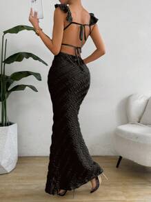 Chiquease Women's Vacation Solid Color Patchwork Ruffle Hem Maxi Bodycon Dress - Black - View 4