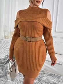 SHEIN Clasi Plus Size Women Camel Open Shoulder 2 In 1 Lantern Sleeve Elegant Casual Thanksgiving Warm Sweater Dress