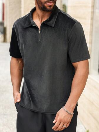 Men Plus Size Summer Plain Zipper Plain Polo Shirt, Casual Street Style, For Going Out