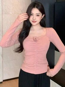 DAZY Lace Decorated Ruched Design Ribbed Knit Slim Fit Pajama Top Fall,Winter - Pink - View 9
