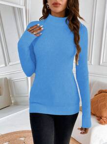 Franclia 女士纯色立领长袖休闲套头毛衣，带保暖内衬，秋冬季长袖上衣，针织套头衫 - 藍色 - 查看 3