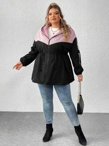 SHEIN CURVE+ Plus Size Hooded Splice Contrast Color Jacket For Women, For Winter