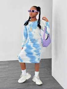 SHEIN Explorewe Tween Girl Allover Print Long Sleeve Dress - Multicolor - View 1