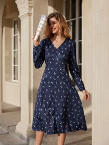 Chiquease 碎花 V 领系腰修身连衣裙，秋季女士 - 彩色 - 查看 6