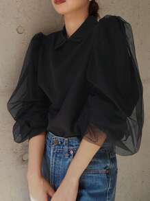 FRIFUL Women's Spring And Summer Solid Color Collared Loose Contrast Mesh Black Blouse,Long Sleeve Tops,Fall Women Clothes