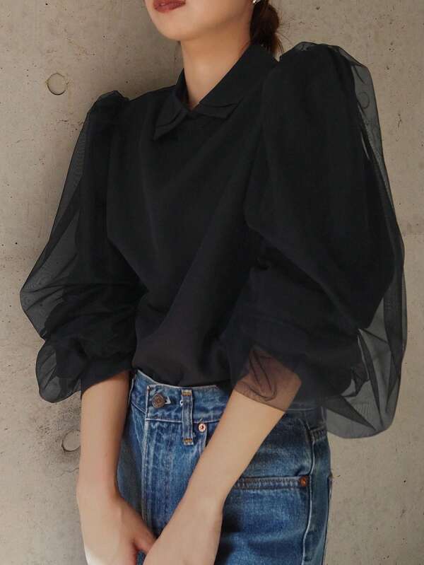FRIFUL Women's Spring And Summer Solid Color Collared Loose Contrast Mesh Black Blouse,Long Sleeve Tops,Fall Women Clothes
