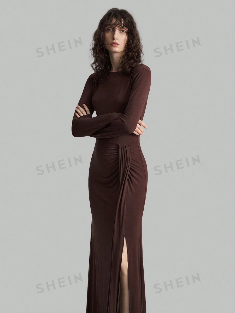 Ontre Damen Langarmkleid, braun, Rundhalsausschnitt, hoher Schlitzausschnitt am Saum, elegantes, hochwertiges, dehnbares Strickkleid