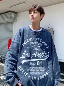 Manfinity Hypemode Áo nỉ hở vai in chữ denim xanh nhạt cho nam cỡ lớn - Rửa nhẹ - Xem 5