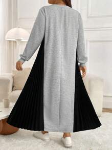 Mulvari 大码女式圆领长袖撞色拼接褶皱下摆休闲运动衫连衣裙，秋冬 - 彩色 - 查看 3