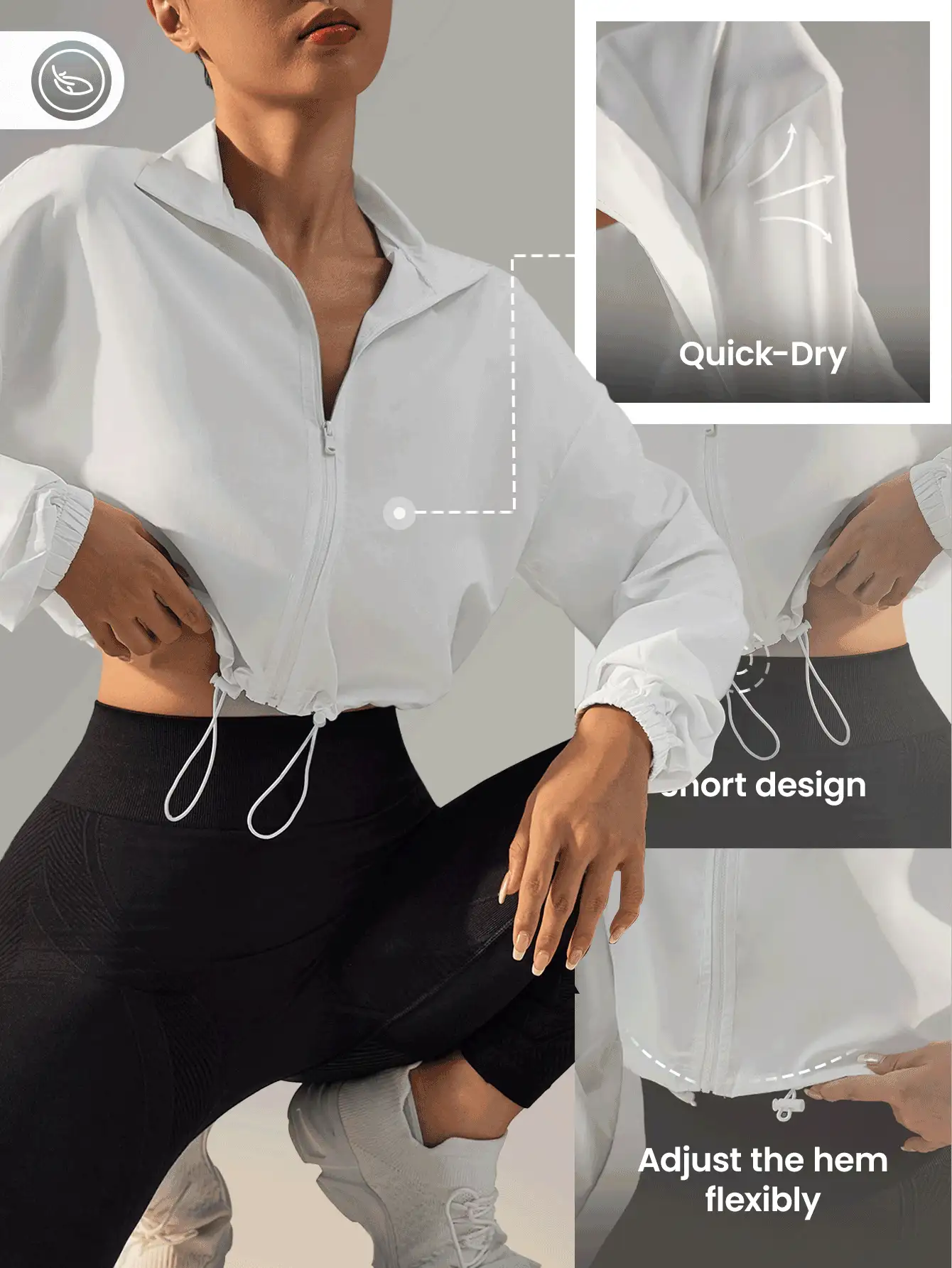 Easithlete 透气轻便纯色拉链漏斗领长袖运动夹克 - 白色 - 查看 4