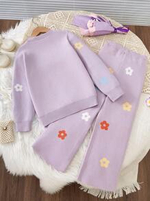 SHEIN Vintaside Kids 2 件套年轻女孩时尚休闲花卉印花开衫和阔腿裤套装，适合日常穿着，舒适柔软的材质，适合秋冬季 - 紫色 - 查看 2