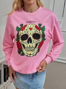 POMOi Artist Round Neck Short Sleeve Day Of The Dead Skull Print Minimalist Streetwear Pullover Sweatshirt, For Holiday, Vacation, Spring, Festival, For Workout, Ibiza Fits, Western Wear
