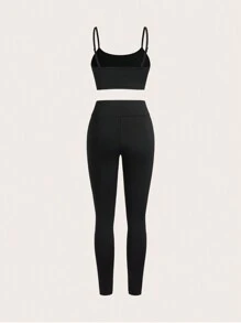 SHEIN Essnce Women's Casual Light Sports Summer Outfit, Sexy & Fashionable Outdoor Cycling Tennis Travel Spaghetti Strap Top Spaghetti Strap Top & Compression Trousers Pants & Plaid Shirt 3pcs/Set