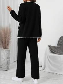 SHEIN LUNE 2pcs Warm Fleece Jacket & Pants Set, Casual Color-Block With Trim Closure - Black - View 2