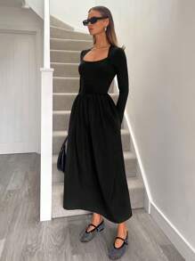 Siren Gaze 女士羊毛衬里保暖长裙，黑色，长袖，口袋，秋季时尚，黑色长袖连衣裙，秋季女装，仙女裙，女士服装，加垫连衣裙，秋季女装 - 黑色 - 查看 5