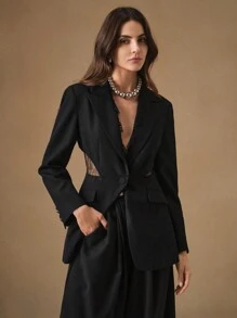 Anewsta Hollow Out Lace Patchwork Women Blazer - Black - View 5