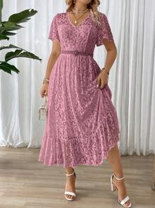 Cravure Plus Size Women Summer V-Neck Short Sleeve Lace Ruffle Hem Elegant Dress Maxi Women Outfit Wedding - Dusty Pink - View 4