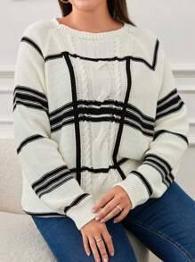 RueChic Plus Relaxed Fit Checked And Cable Knit Designed Sweater - Black and White - View 1