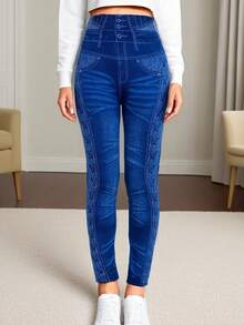 Women's Fashion Casual Sports Leggings With Blue Side High Waist Drawstring Pattern Print Denim Effect Slim-Fit High Stretch Soft Comfortable For Home Exercise Yoga Fitness Outdoor Activities Travel Walking - Blue - View 4