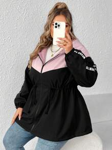SHEIN CURVE+ Plus Size Hooded Splice Contrast Color Jacket For Women, For Winter
