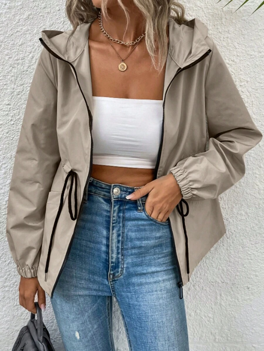 Chiquease Jaqueta feminina primavera e outono cor sólida manga comprida cordão cintura casual solta com capuz outono