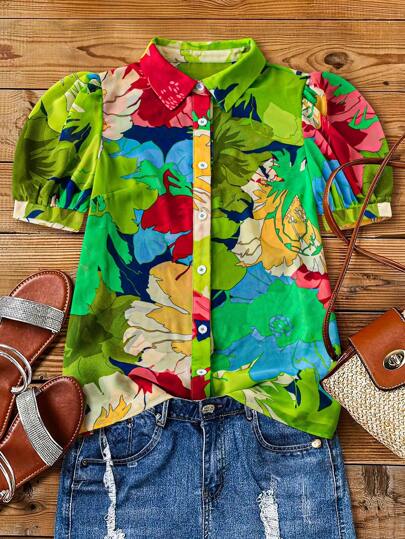 Breezaya Women's Floral Print Puff Sleeve Casual Loose Blouse For Holiday Women Shirt,Short Sleeve Tops