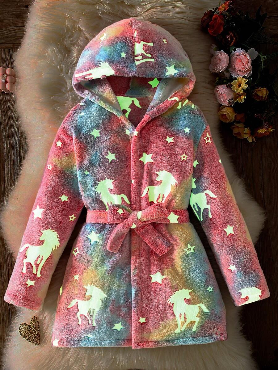 Girls Fluorescent Glow-In-The-Dark Unicorn & Star Print Plush Bathrobe With Belt, Warm Jacket - Pink - View 1