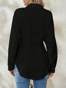 Calvaya 女式纯色长袖高腰优雅度假衬衫 - 黑色 - 查看 2